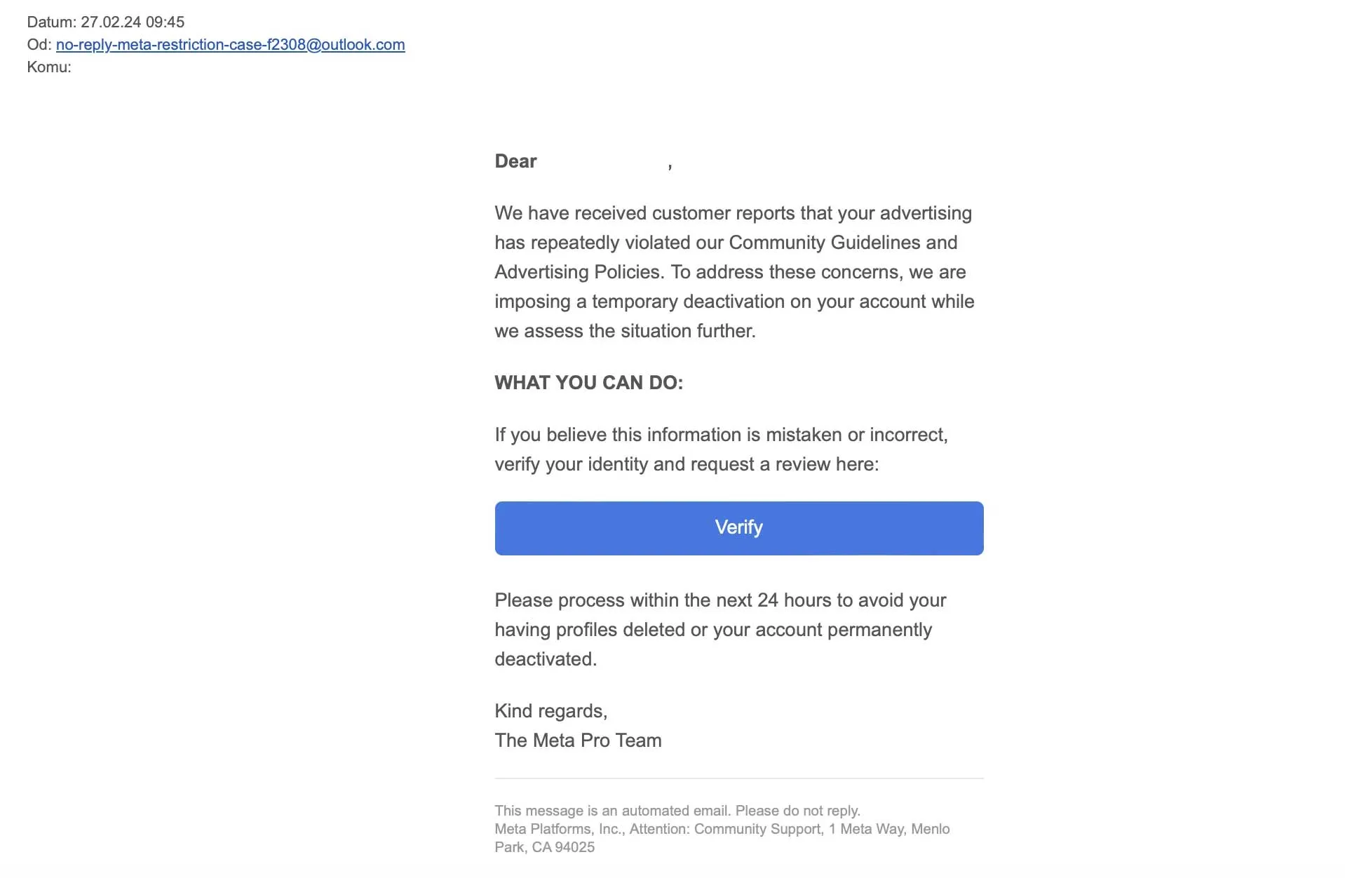 Jak vypadá phishingový email od Facebooku?