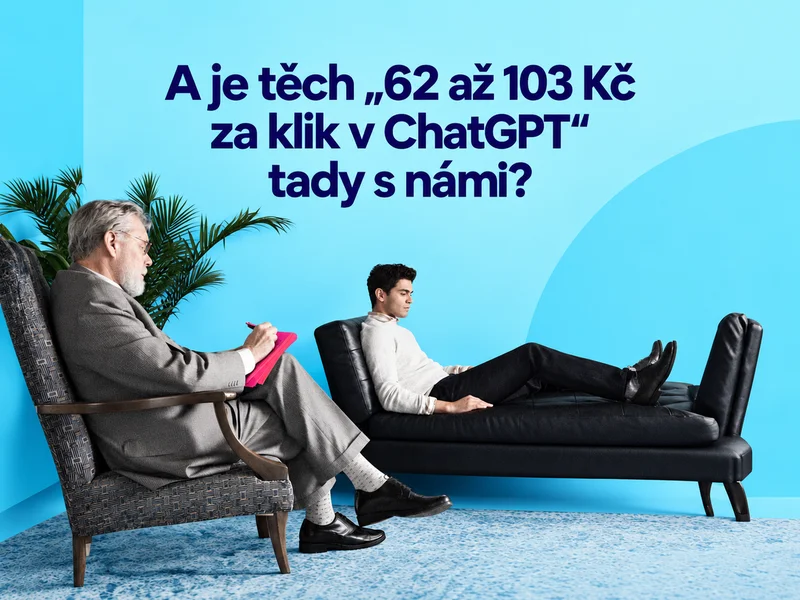 Terapeut a klient na pohovce, nad nimi otázka, zda je 62 až 103 Kč za klik v ChatGPT skutečně s námi.
