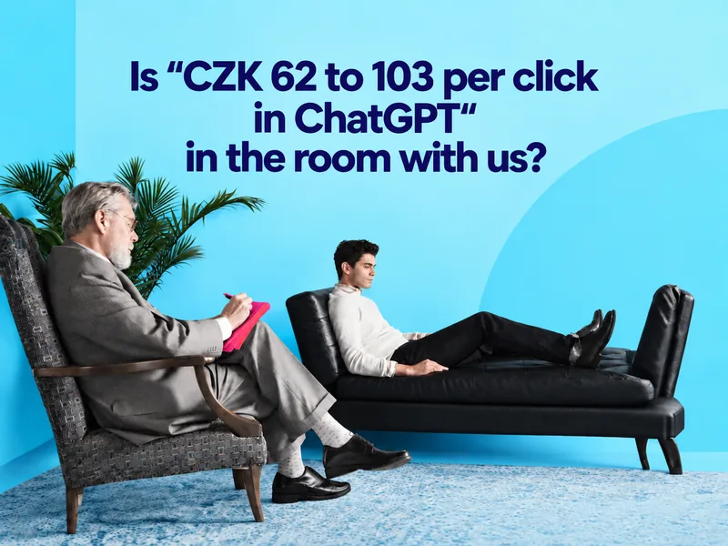 Therapist and client on a couch, with a question above them: is that CZK 62 to 103 ChatGPT click really in the room with us?