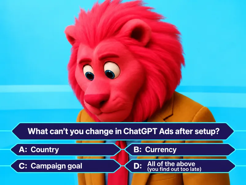 Cartoon lion with a quiz: which ChatGPT Ads settings can’t you change after setup? Country, currency or campaign objective.