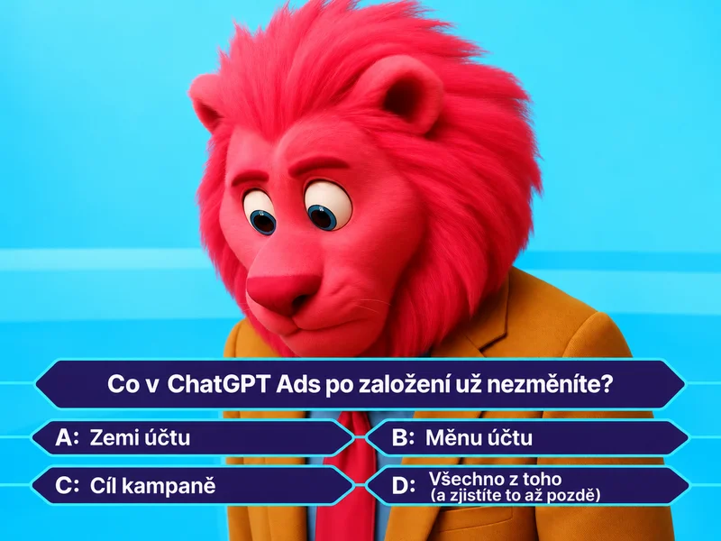 Kreslený lev v kvízu s otázkou, co v ChatGPT Ads po založení už nezměníte: zemi, měnu, cíl kampaně.
