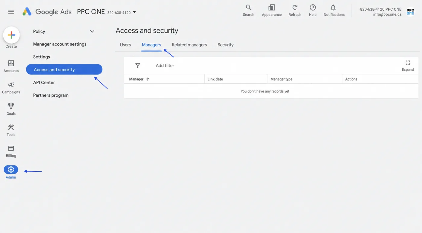 Where to share Google Ads access, step-by-step guide