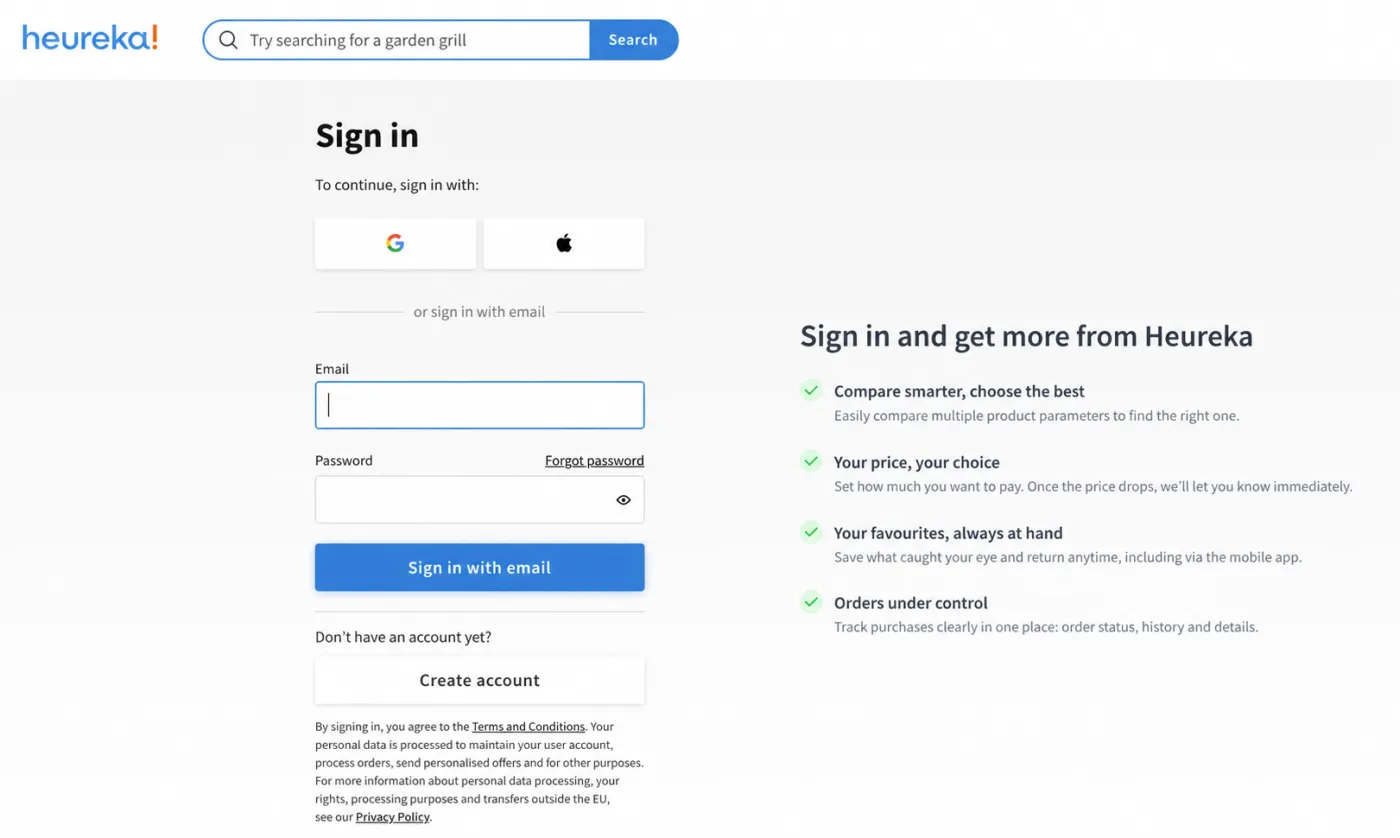 Heureka.cz login page, guide on how to share access