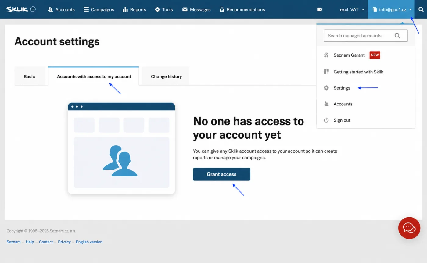 Where to share Sklik access, step-by-step guide