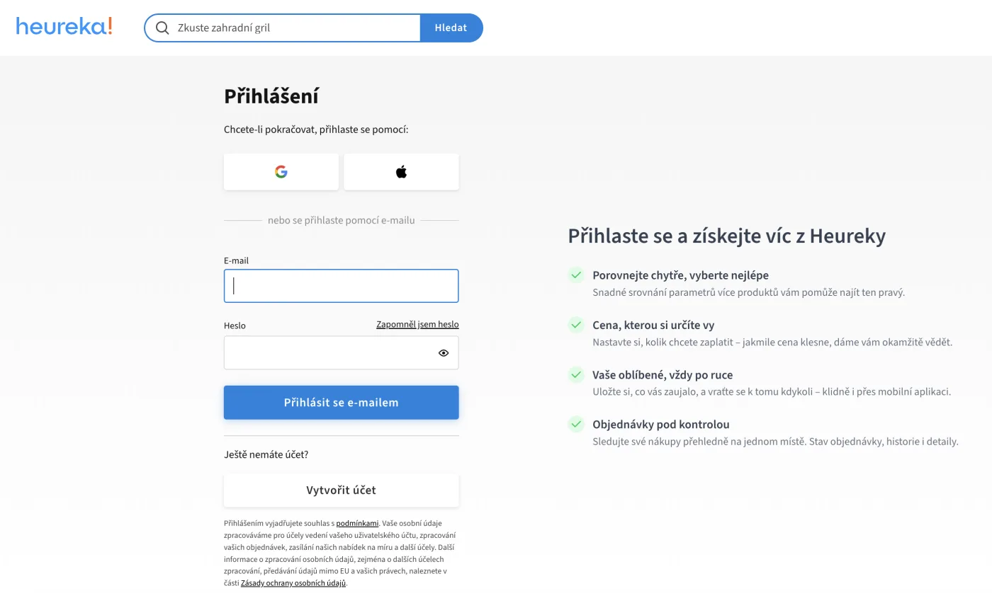 Přihlašovací stránka Heureka.cz, návod jak nasdílet přístup