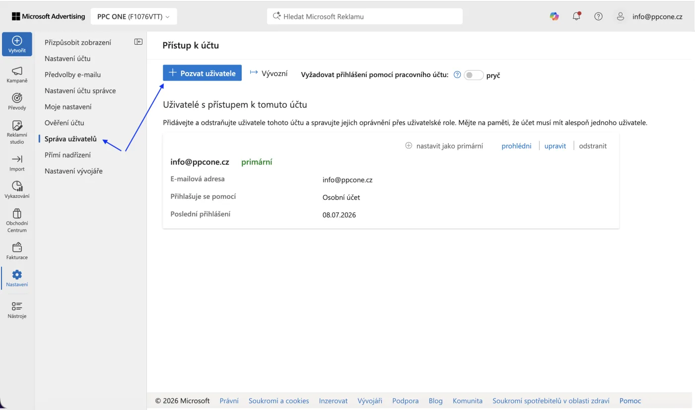 Kde nasdílet přístup do Microsoft Ads, návod krok za krokem