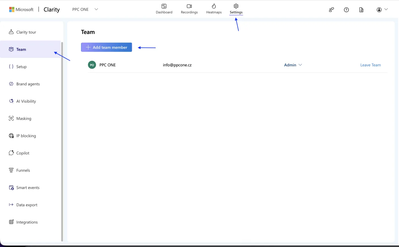 Kde nasdílet přístup do Microsoft Clarity, návod krok za krokem